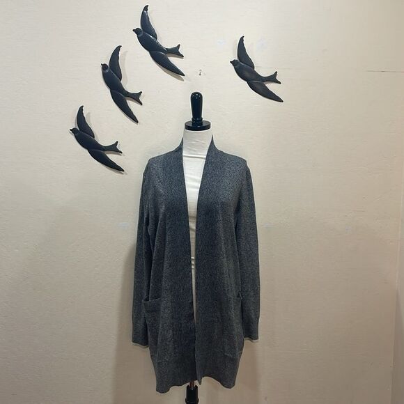 Roots Canada Cotton Blend Marled Dark Gray Open Front Cardigan Striped Cuff - M - Picture 1 of 9